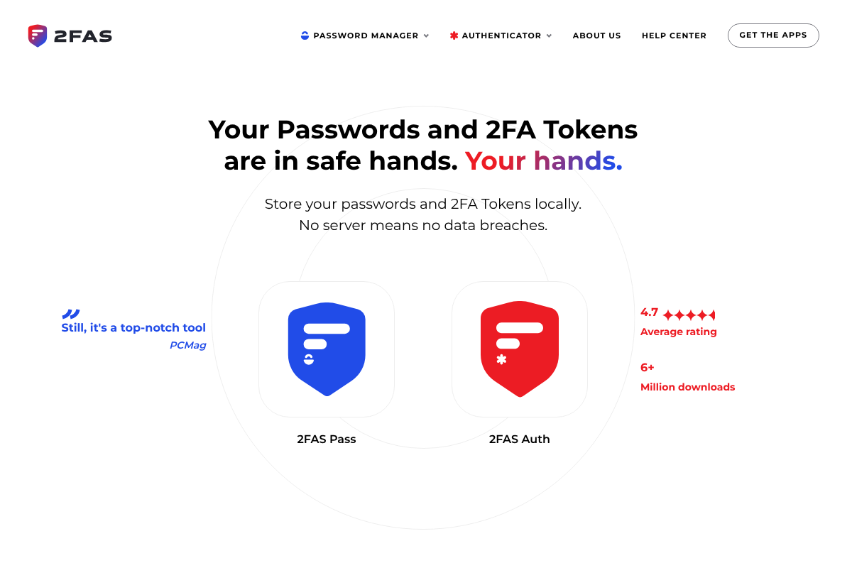 2FAS authenticator homepage highlighting local token storage
