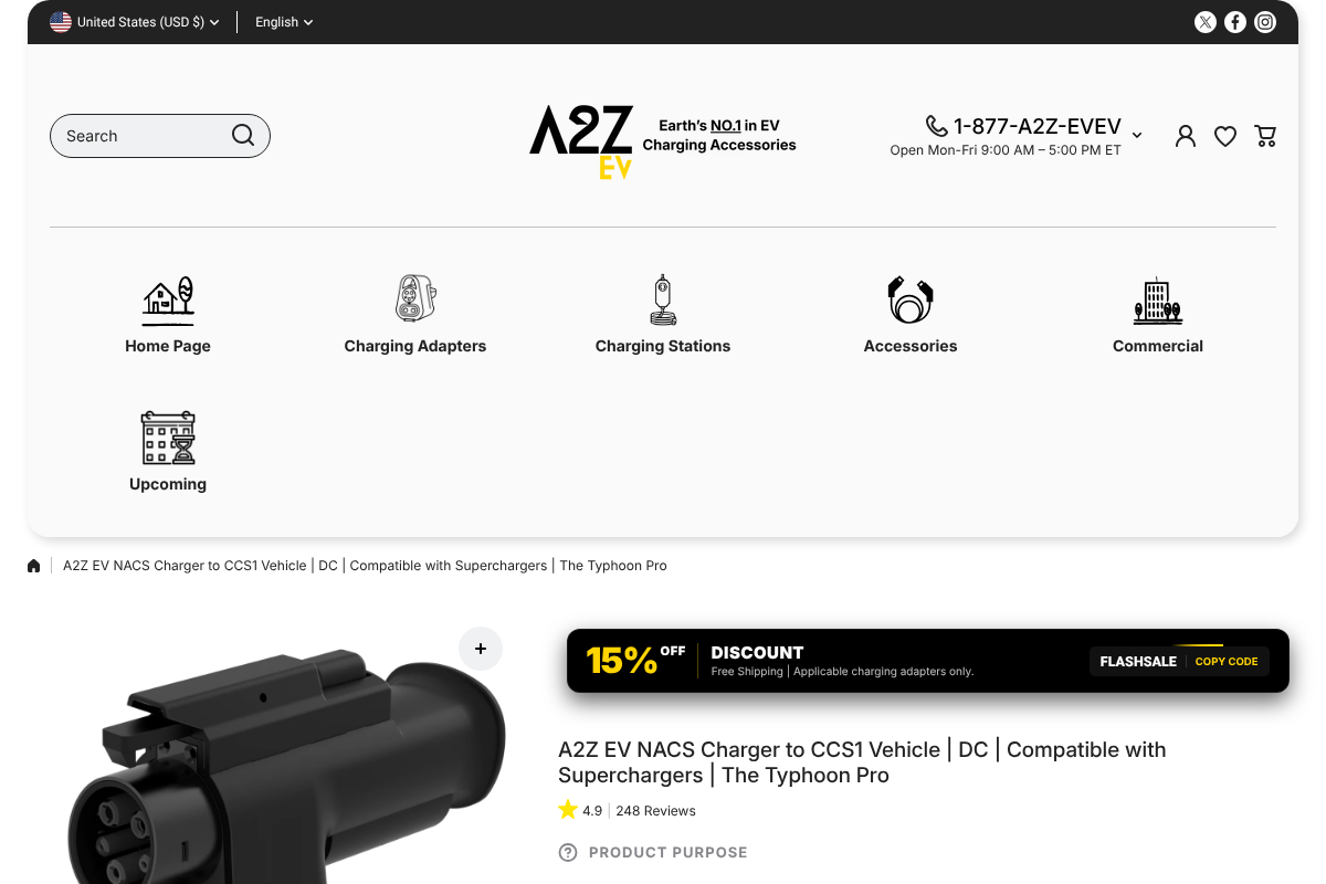 A2Z EV NACS to CCS1 Typhoon Pro adapter product page