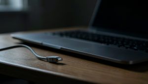 An unplugged cable beside a laptop with a dark screen on a desk