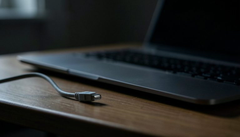 An unplugged cable beside a laptop with a dark screen on a desk