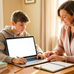 A teenage student doing homework at a laptop with a blank screen while a parent stands beside them looking on