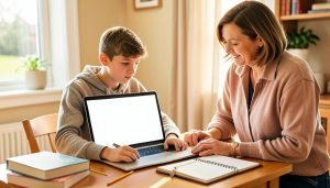 A teenage student doing homework at a laptop with a blank screen while a parent stands beside them looking on