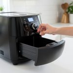 A black air fryer on a kitchen counter with the drawer pulled open and a hand reaching toward the controls