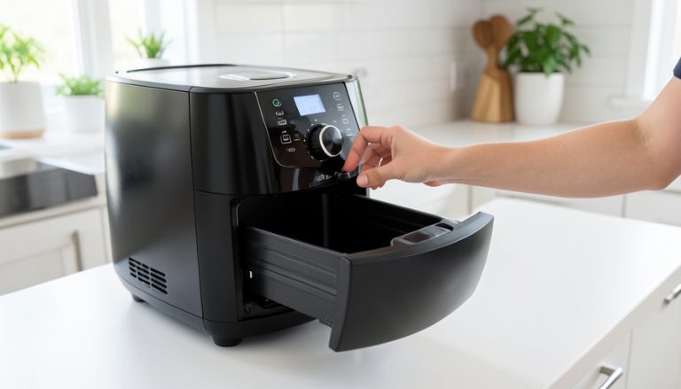 A black air fryer on a kitchen counter with the drawer pulled open and a hand reaching toward the controls