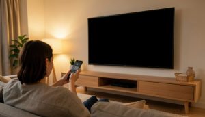 A person on a sofa holding a smartphone pointed at a wall-mounted TV showing a blank black screen in a warmly lit living room