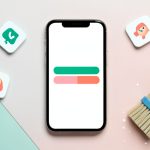 A smartphone flat-lay showing colorful storage bars, app tiles, and a broom with sparkles, representing freeing up phone storage