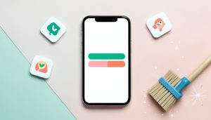 A smartphone flat-lay showing colorful storage bars, app tiles, and a broom with sparkles, representing freeing up phone storage
