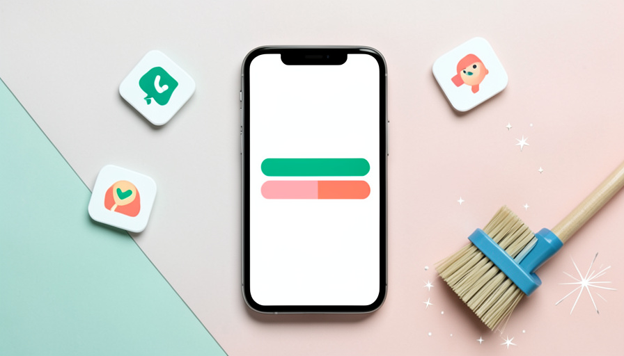A smartphone flat-lay showing colorful storage bars, app tiles, and a broom with sparkles, representing freeing up phone storage