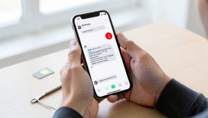 Hands holding a smartphone showing a messaging app with a red warning icon beside a message, with a SIM card on the desk