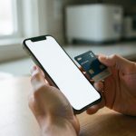 A person holding a smartphone and a payment card at a table, sending money with a mobile payment app
