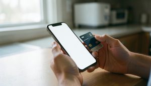A person holding a smartphone and a payment card at a table, sending money with a mobile payment app