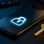 A smartphone showing a glowing padlock icon on a dark desk with a brass key resting beside it