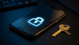 A smartphone showing a glowing padlock icon on a dark desk with a brass key resting beside it