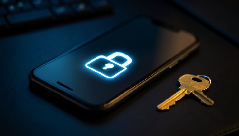 A smartphone showing a glowing padlock icon on a dark desk with a brass key resting beside it