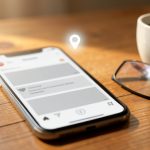 A smartphone on a desk showing a news feed with a glowing location pin above it, beside coffee and reading glasses