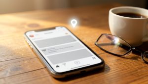 A smartphone on a desk showing a news feed with a glowing location pin above it, beside coffee and reading glasses