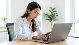 A person signing in on a laptop while holding a new smartphone at a home-office desk