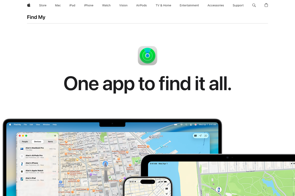 Apple Find My page showing the app finding people and devices
