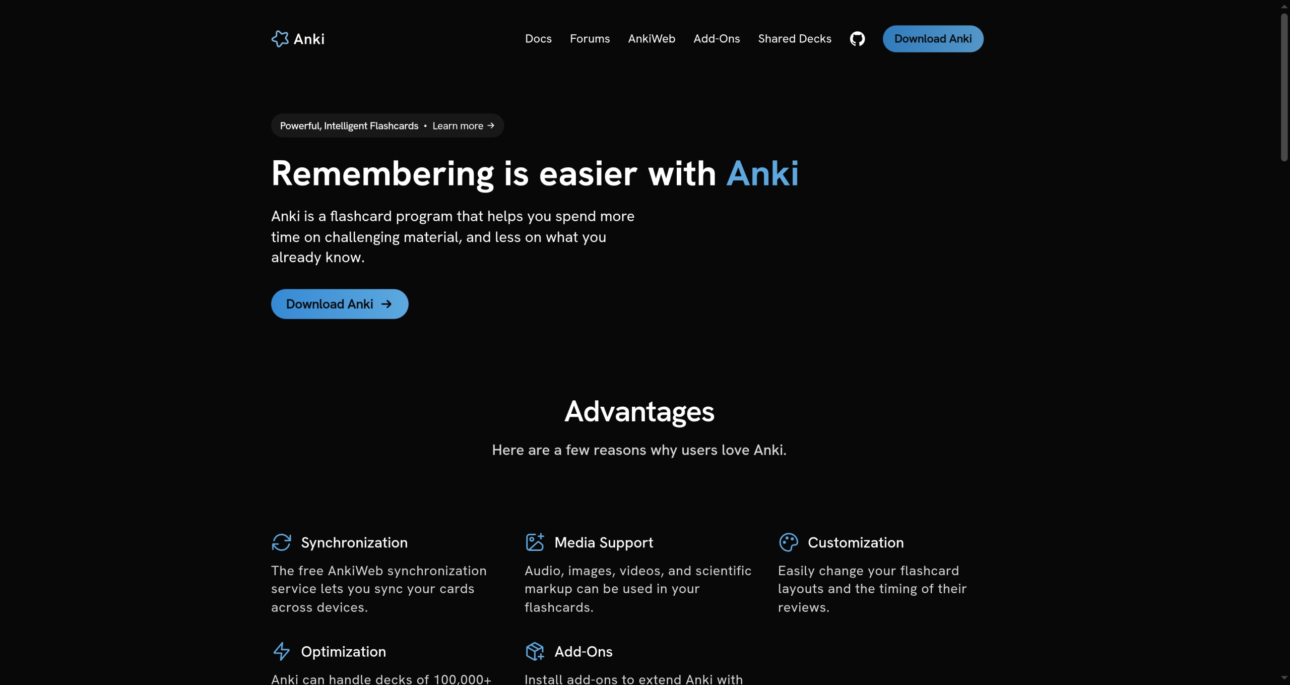 The Anki flashcards app homepage