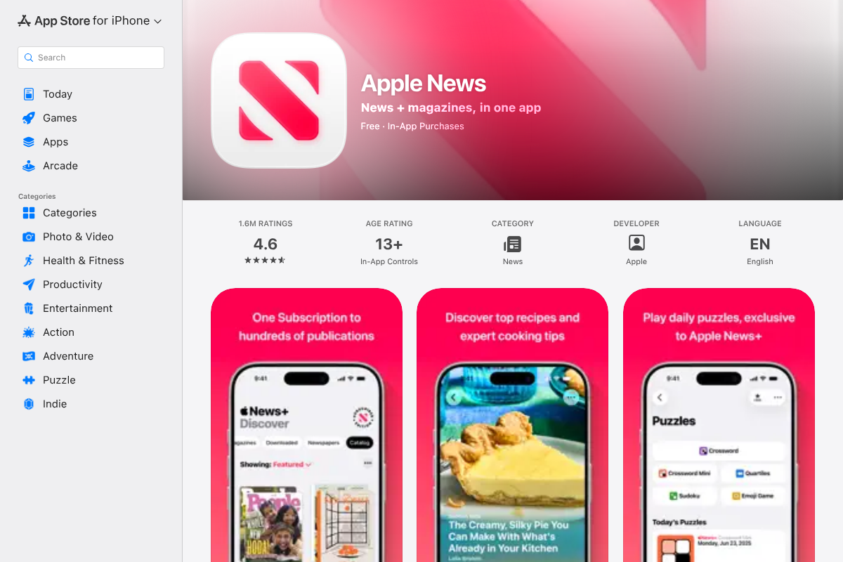 Apple News on the App Store showing its rating and features