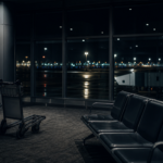 An empty airport departure gate at night with a lone luggage trolley and rows of seats