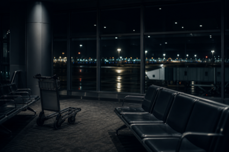 An empty airport departure gate at night with a lone luggage trolley and rows of seats