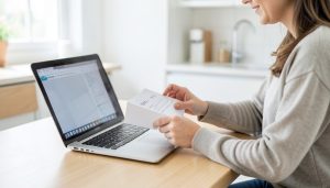 A person at a kitchen table checking coverage on a laptop while holding a mail-in health screening document
