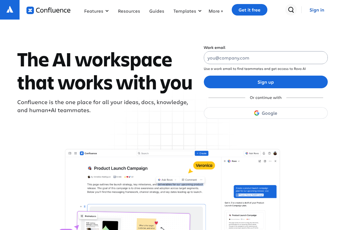 The Confluence website showing its team workspace product