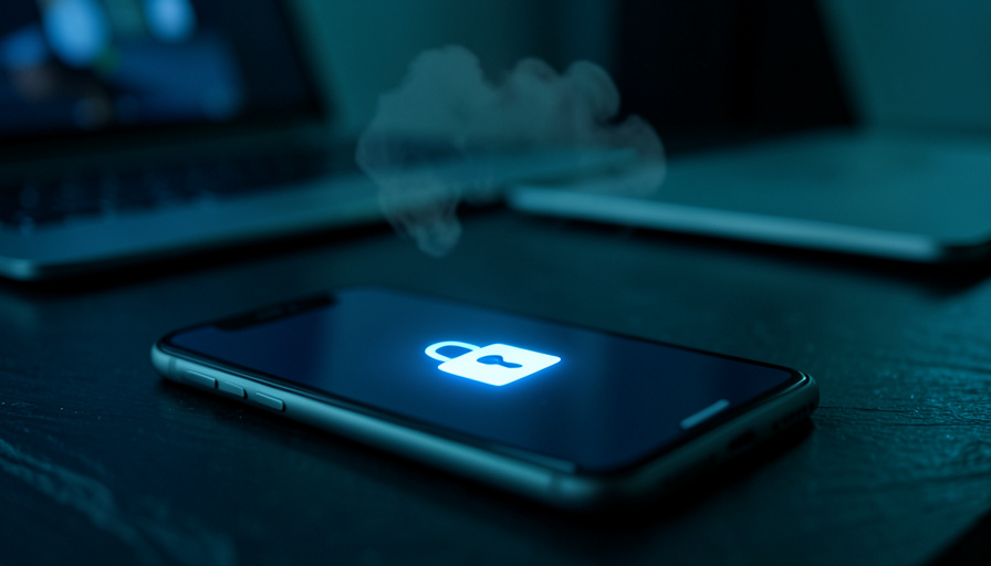 A smartphone glowing with a padlock icon on a dark desk, a faint cloud shape above it and a blurred laptop behind