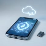 A smartphone showing a security shield with a cloud backup icon and a hardware security key on a desk
