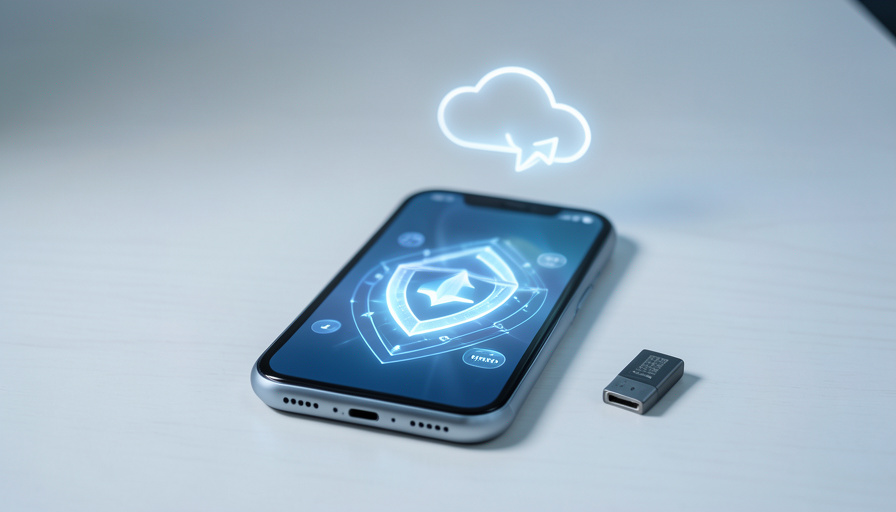A smartphone showing a security shield with a cloud backup icon and a hardware security key on a desk