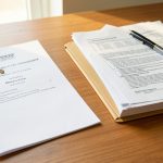 A desk with car keys on a vehicle title document beside a stack of official paperwork and a pen