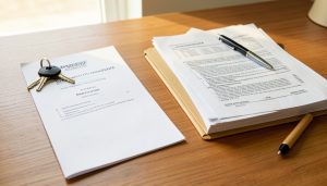A desk with car keys on a vehicle title document beside a stack of official paperwork and a pen