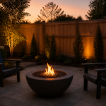 A backyard fire pit with a controlled flame at dusk, chairs nearby and a fence at a safe distance