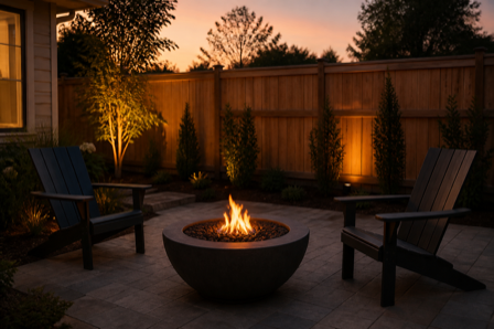 A backyard fire pit with a controlled flame at dusk, chairs nearby and a fence at a safe distance