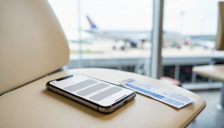 A smartphone and a boarding pass on an airport bench with a plane visible through the window