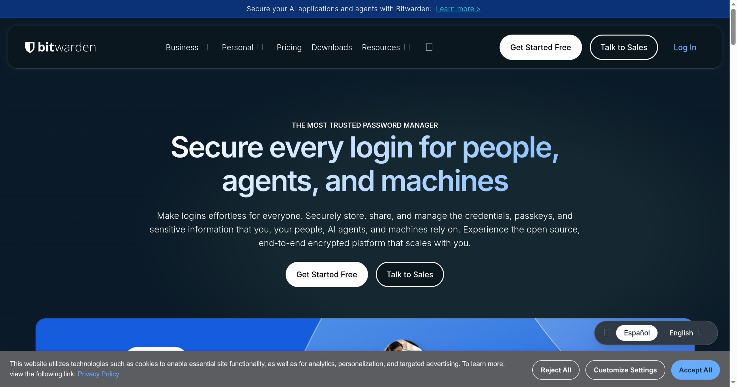Bitwarden homepage for its password and security platform