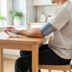 A person seated at a kitchen table using an upper-arm blood pressure cuff with the arm resting supported on the table