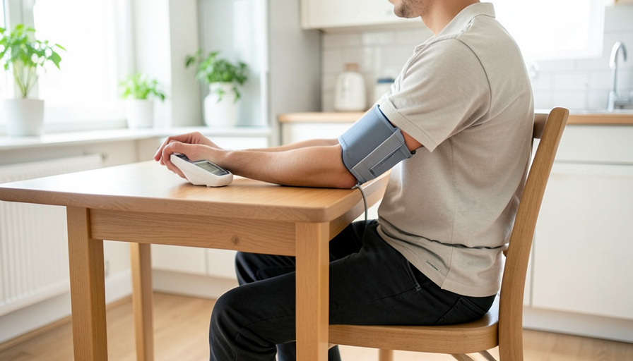 A person seated at a kitchen table using an upper-arm blood pressure cuff with the arm resting supported on the table