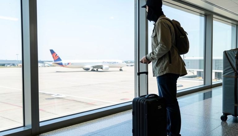 A traveler with a backpack and rolling suitcase standing at an airport gate window looking out at a plane on the tarmac