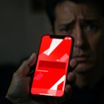 A hand holding a smartphone glowing with an urgent red alert while a worried person looks on in a dark room