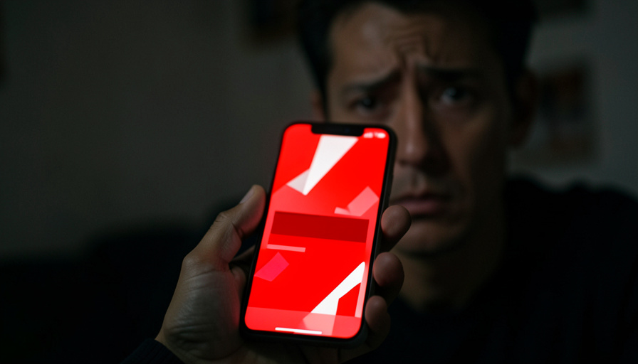 A hand holding a smartphone glowing with an urgent red alert while a worried person looks on in a dark room