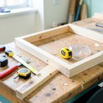 A workshop bench with hand tools, safety goggles, and a partly built wooden frame in a bright classroom