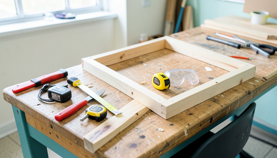 A workshop bench with hand tools, safety goggles, and a partly built wooden frame in a bright classroom