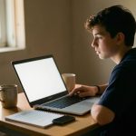 A college student at a dorm desk looking uncertain at a laptop while checking an online job offer