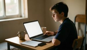A college student at a dorm desk looking uncertain at a laptop while checking an online job offer