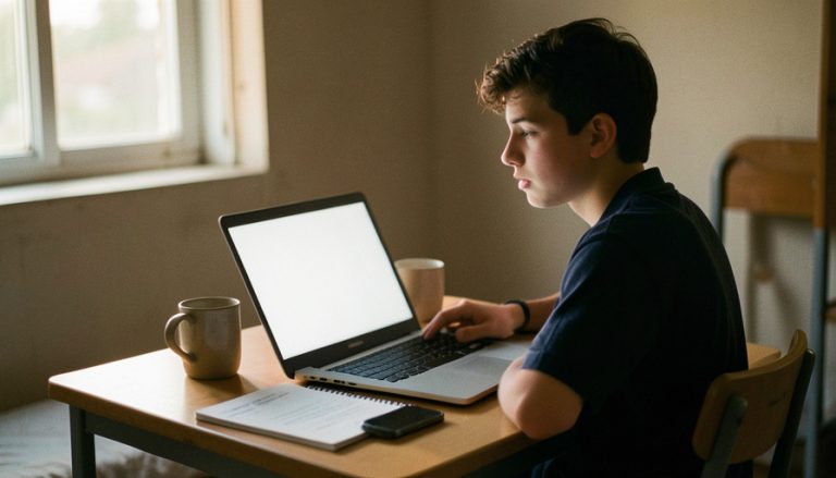 A college student at a dorm desk looking uncertain at a laptop while checking an online job offer