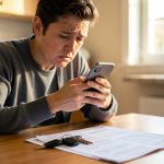 A worried person at a kitchen table looking at a smartphone, with car keys and paper vehicle documents on the table
