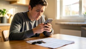 A worried person at a kitchen table looking at a smartphone, with car keys and paper vehicle documents on the table