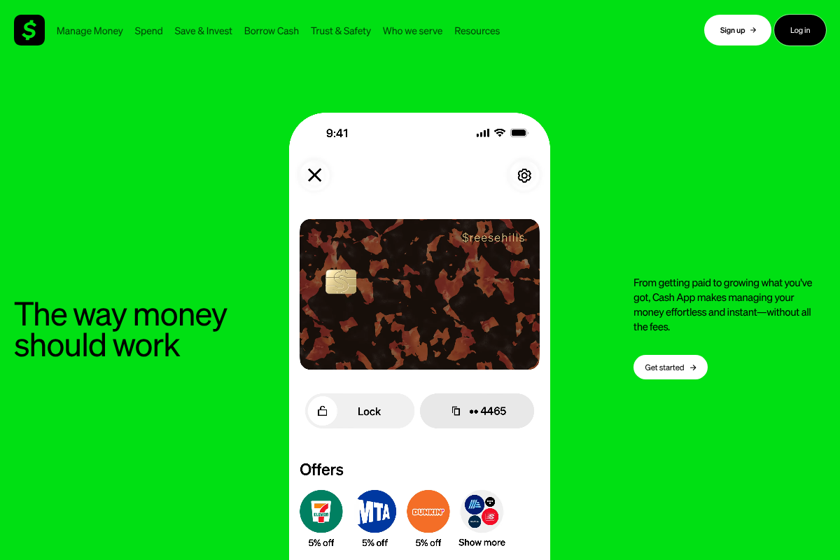 Cash App homepage showing the mobile payment service and Cash Card